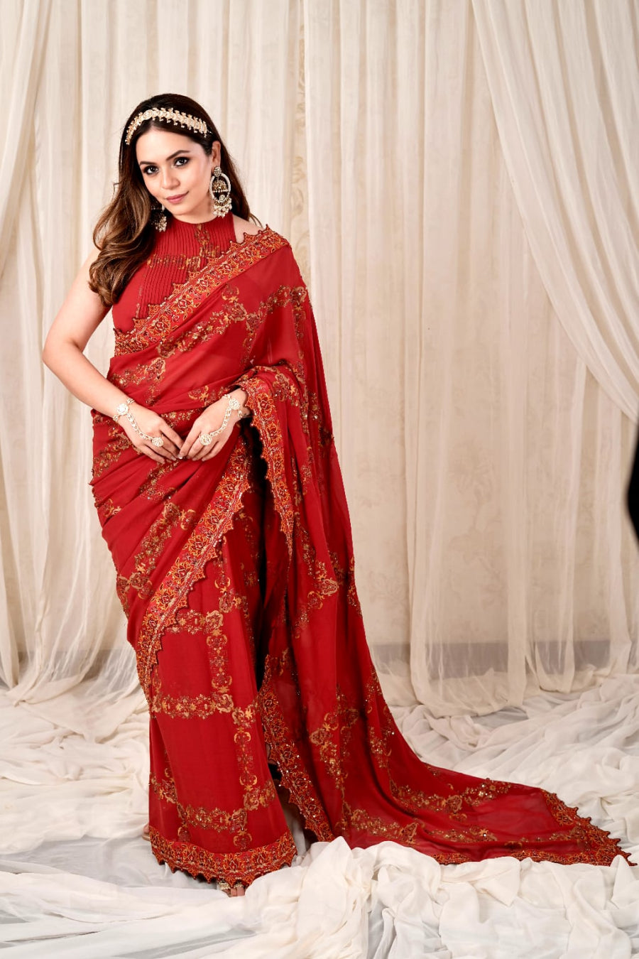 Rust Silk Georgette Printed & Embroidered Saree Set