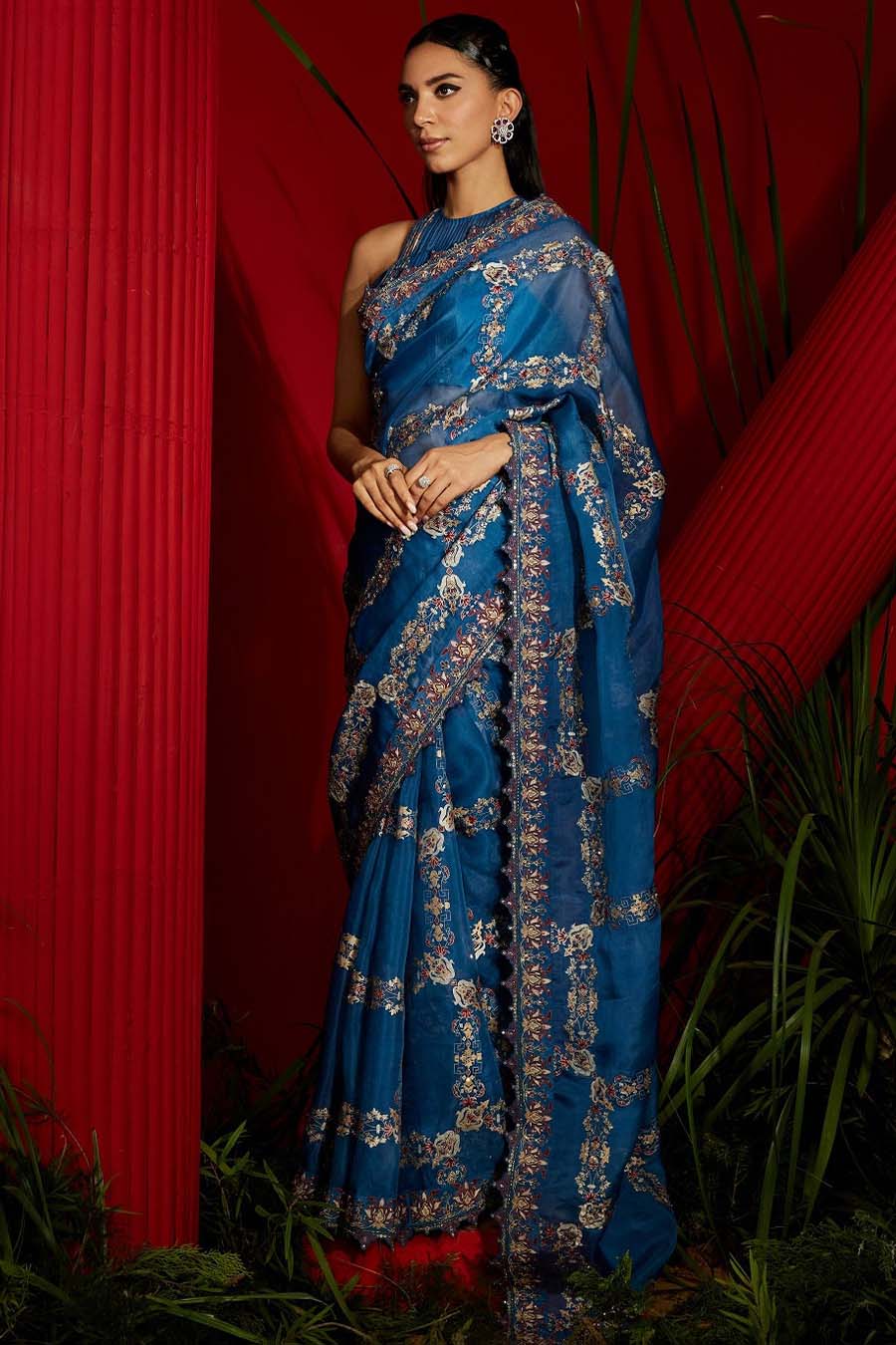 Teal Blue Silk Organza Printed & Embroidered Saree Set