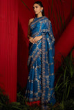 Teal Blue Silk Organza Printed & Embroidered Saree Set