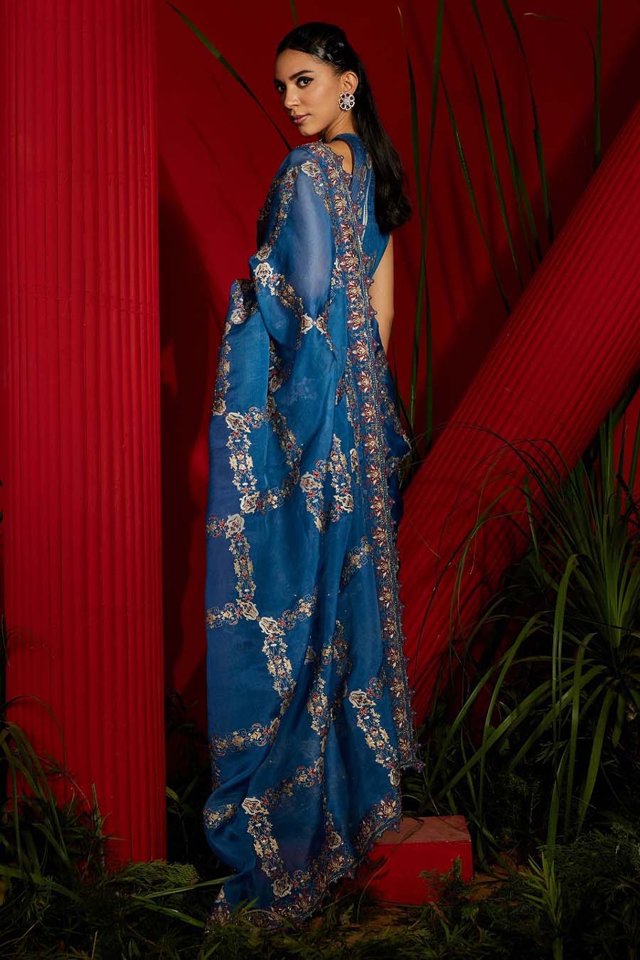 Teal Blue Silk Organza Printed & Embroidered Saree Set