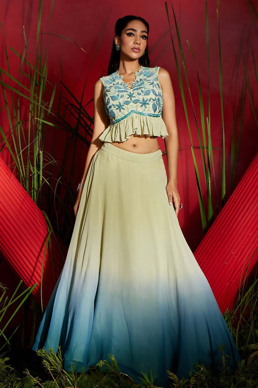 Ombre embroidered georgette ruffled crop top and skirt set