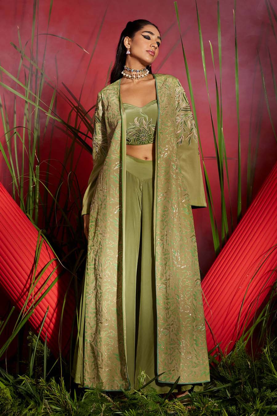 pista green crepe silk embroidered crepe jacket set