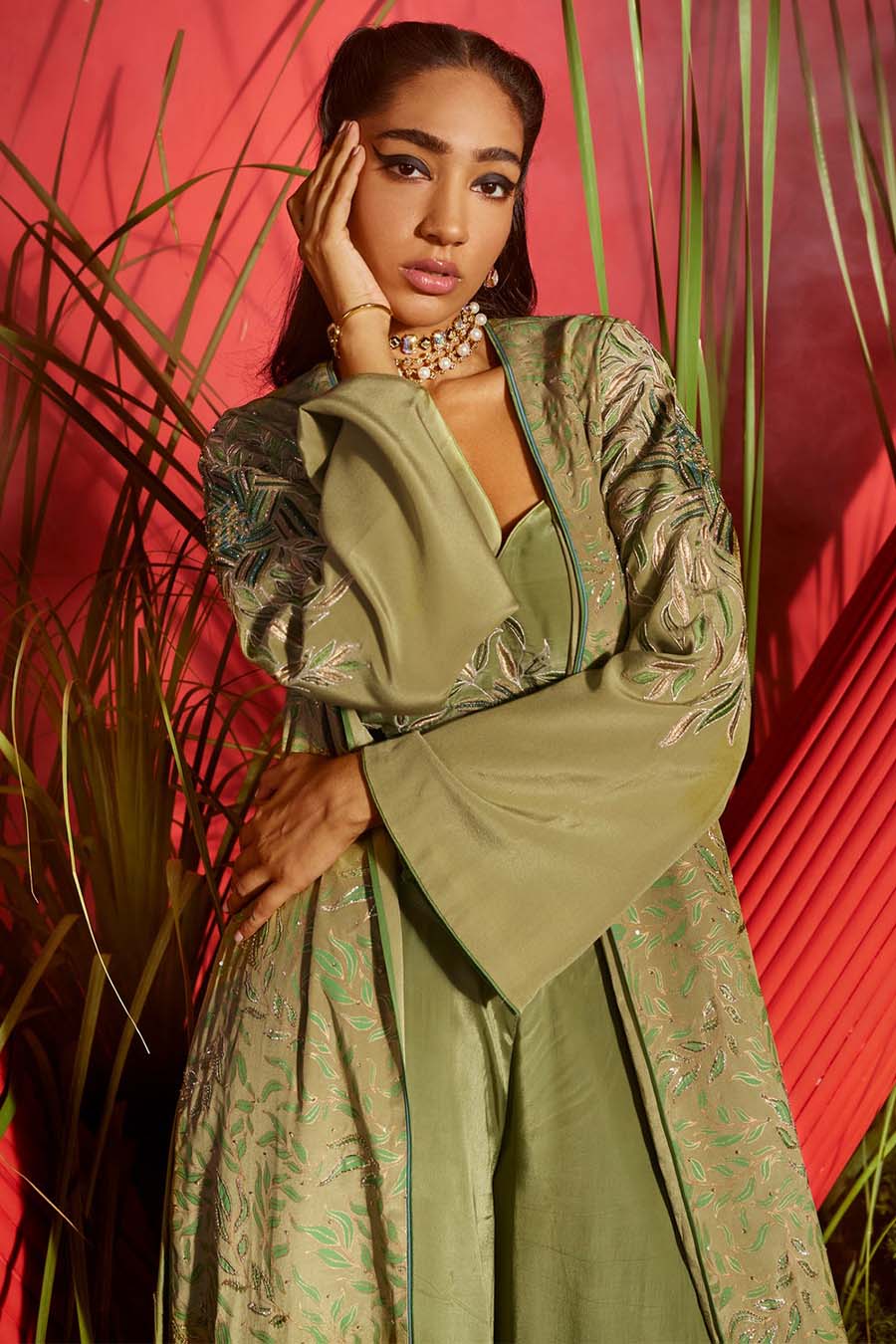 pista green crepe silk embroidered crepe jacket set