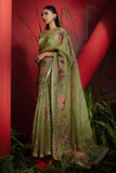 Pista green Organza Silk Hand Embroidered Saree Set