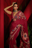 Deep red crepe Silk Hand Embroidered Saree Set