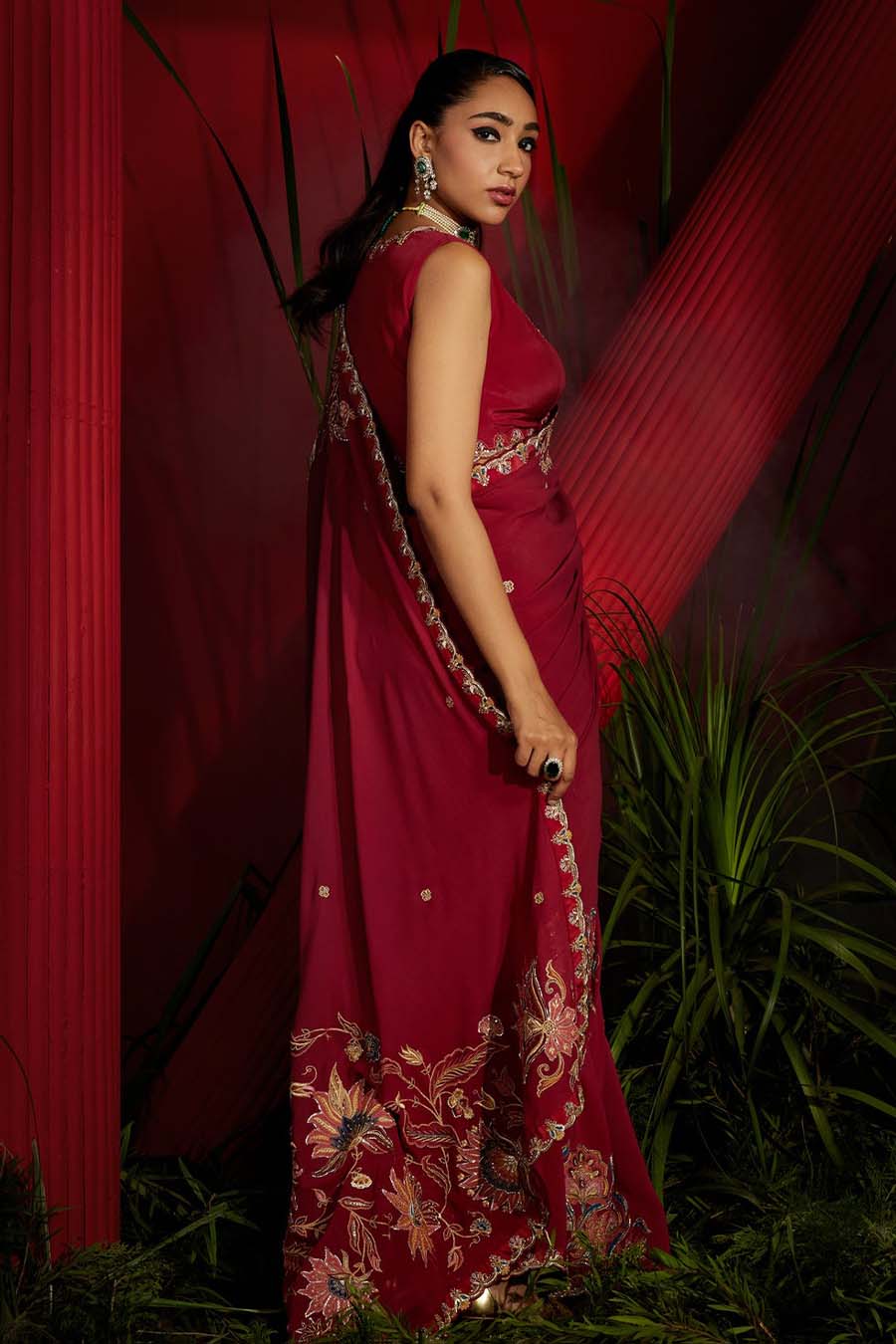 Deep red crepe Silk Hand Embroidered Saree Set