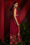 Deep red crepe Silk Hand Embroidered Saree Set