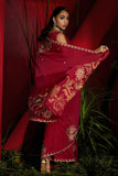 Deep red crepe Silk Hand Embroidered Saree Set