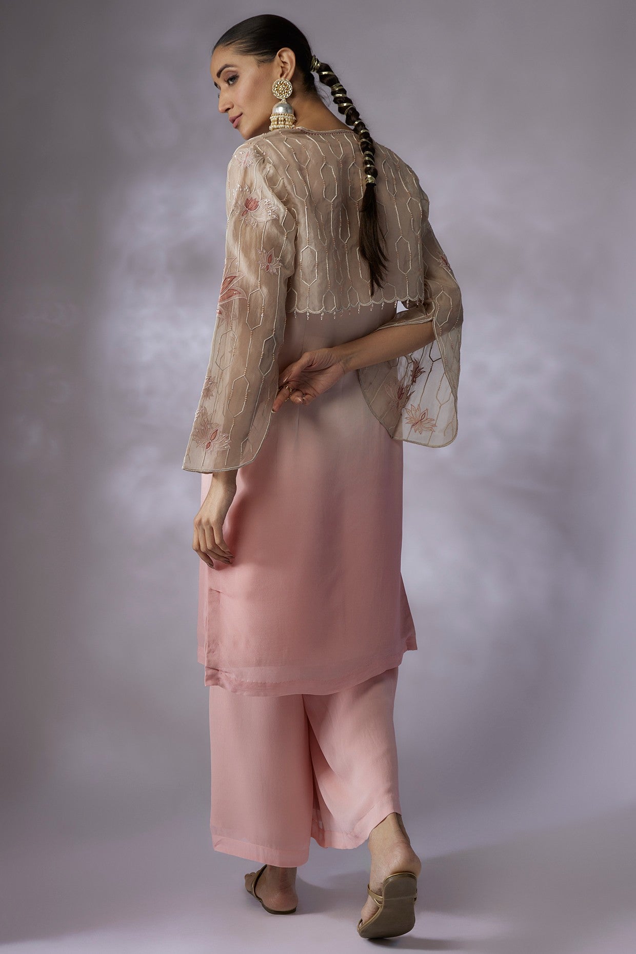 Beige pink ombre organza embroidered jacket suit set