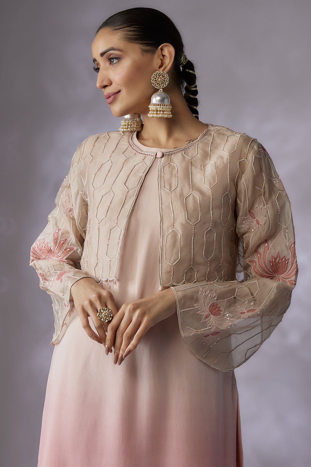 Beige pink ombre organza embroidered jacket suit set