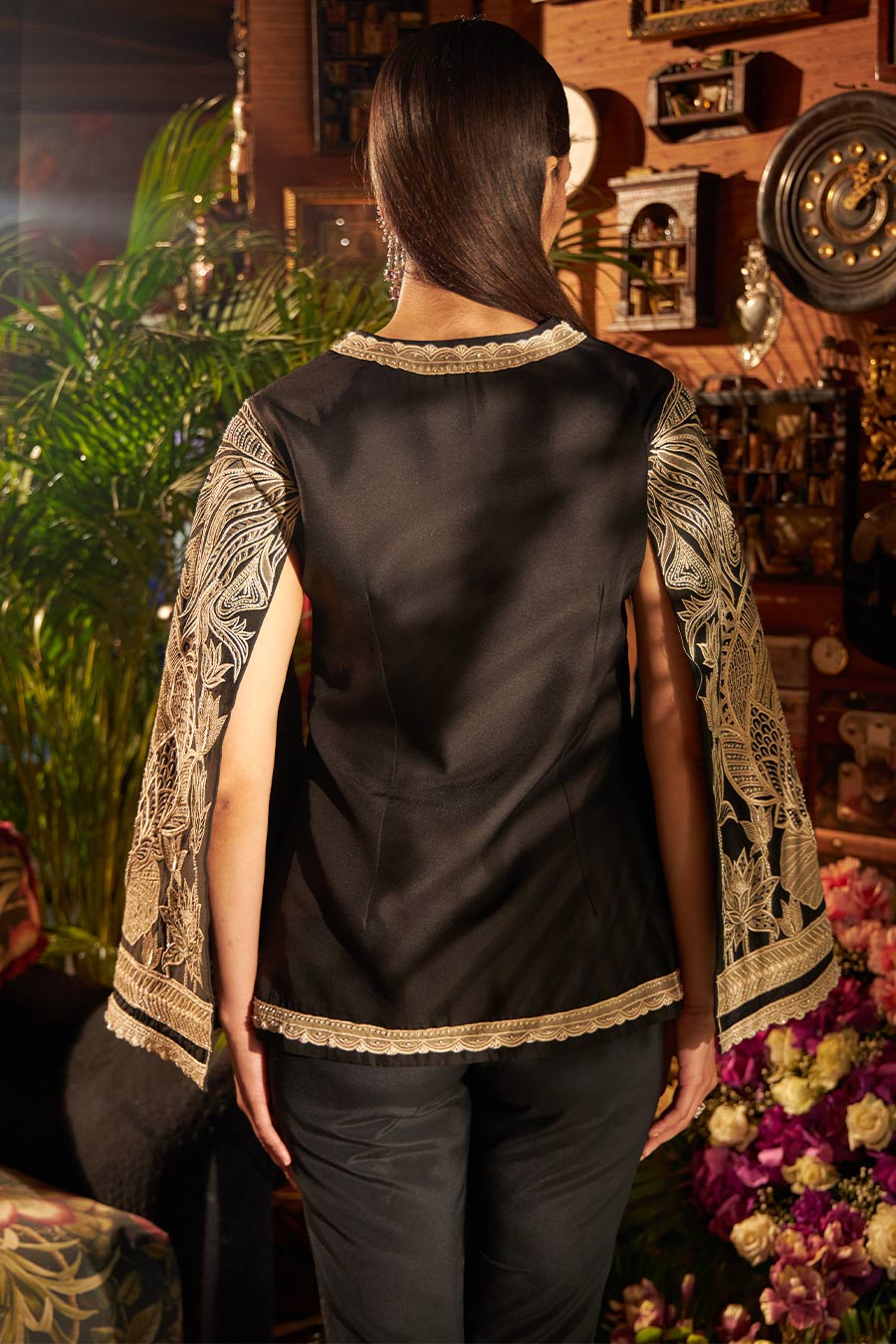 Black Silk Hand Embroidered Jacket Set