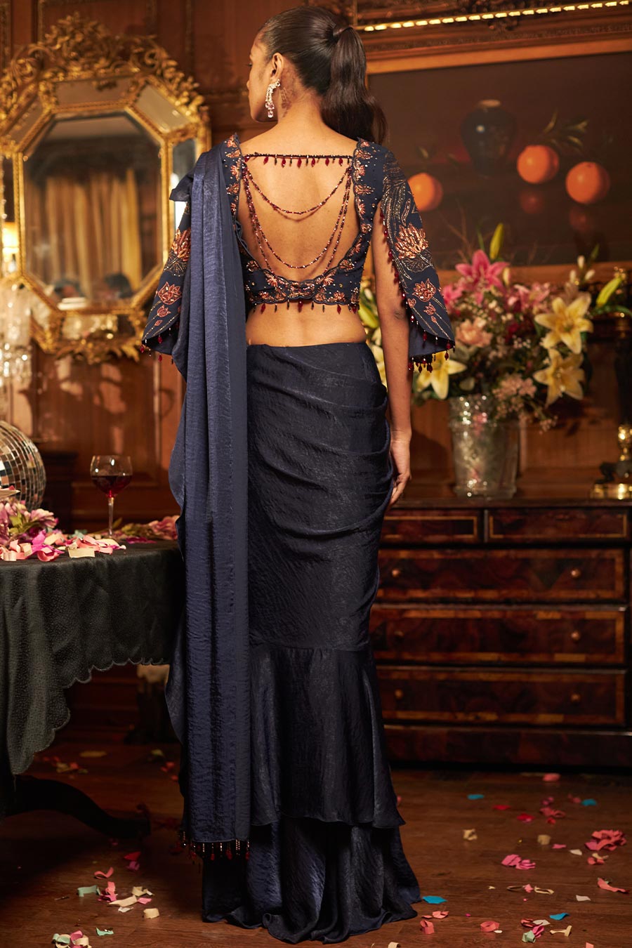 Midnight blue satin and georgette embroidered drape saree set