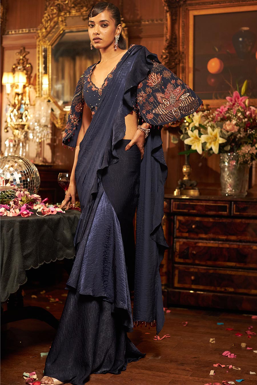 Midnight blue satin and georgette embroidered drape saree set