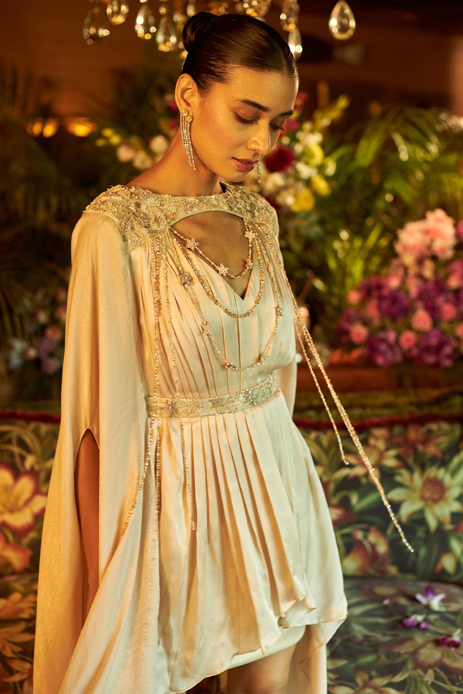 Beige silk Satin pleated Kaftan Dress