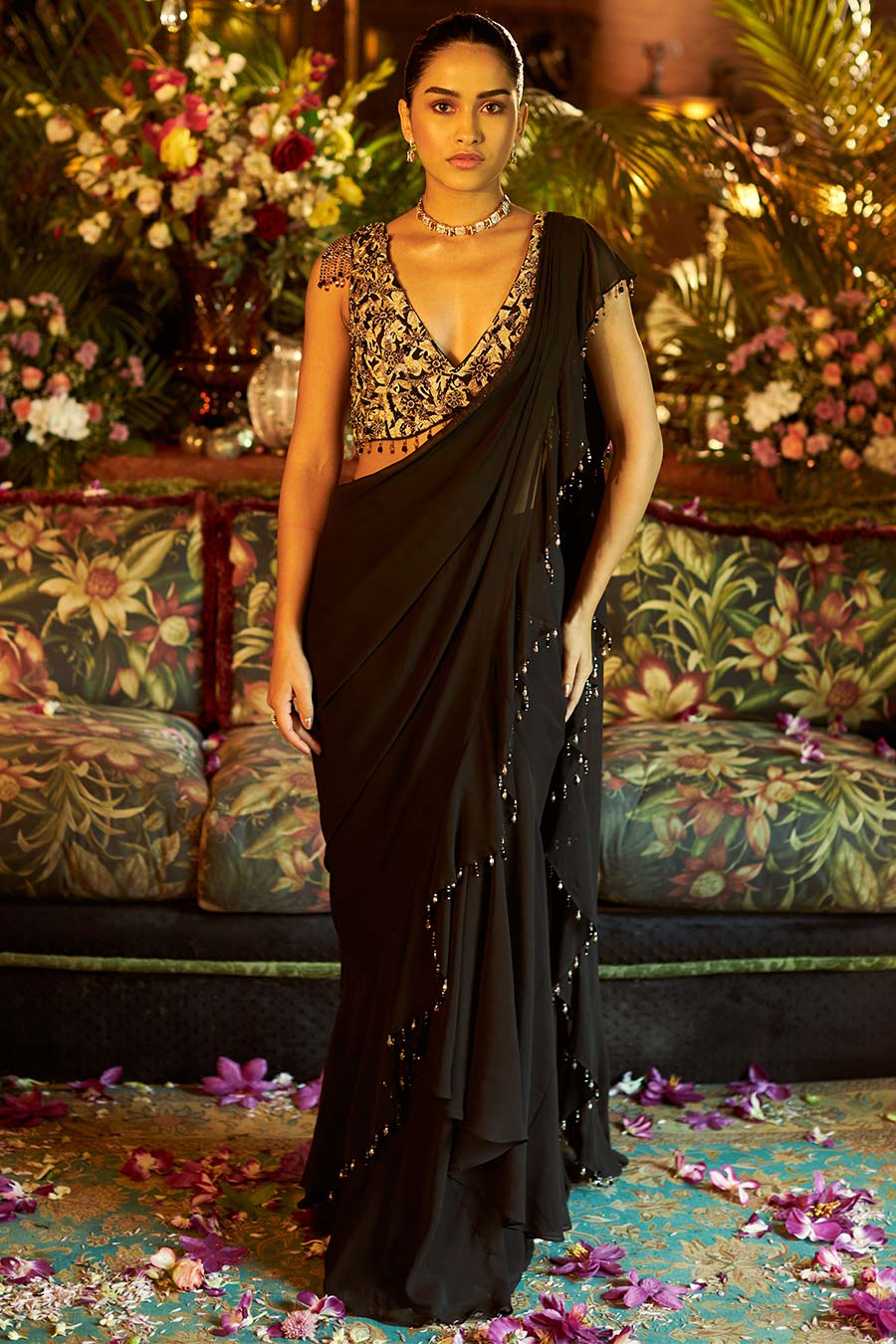 Black georgette embroidered drape saree set